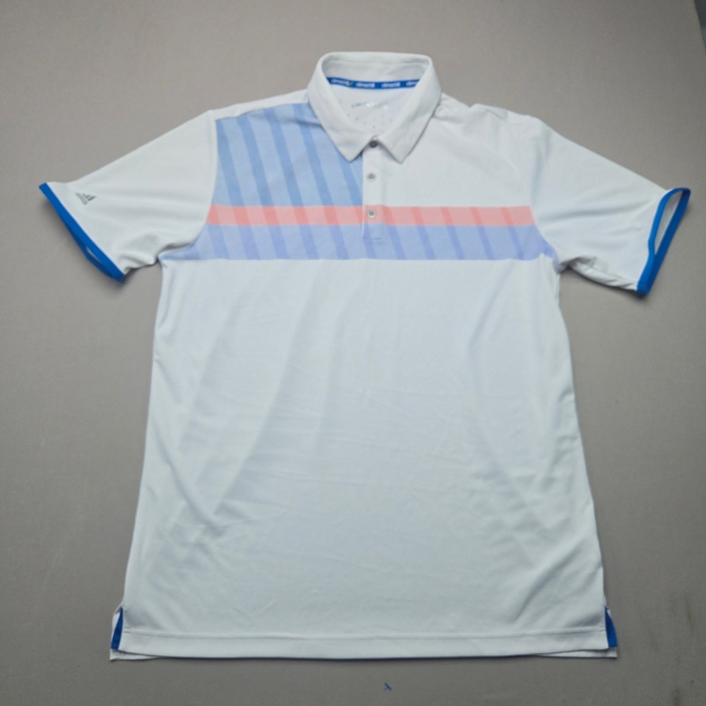 Adidas Polo Shirt Climachill Striped Graphic White Blue Orange Mens XL Golf Tee